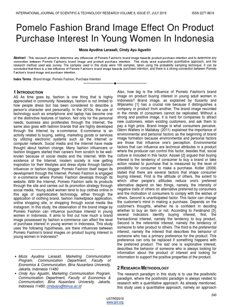 Pomelo Fashion Brand Image Effect On Product Purchase Interest in Young Women in Indonesia PDF