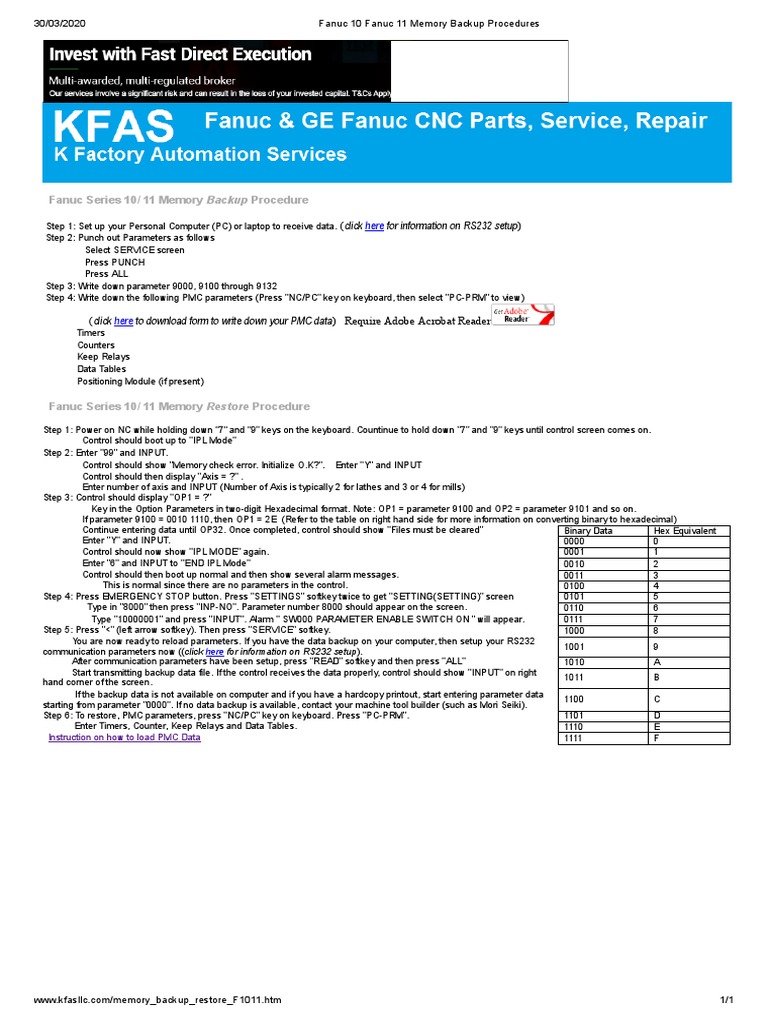 Fanuc Series 10/11 Backup Procedures | PDF | Booting | Parameter ...