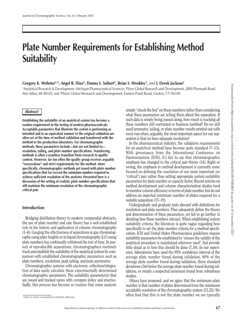 Plate Number Requirements For Establishing Method Suitability PDF High Performance Liquid