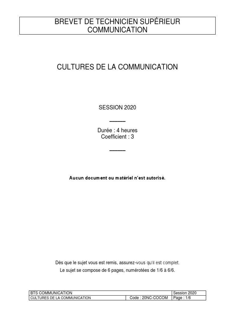 Corrige Bts Gestion De La Pme 2020 BTS Communication 2020 E1 NC Sujet | PDF