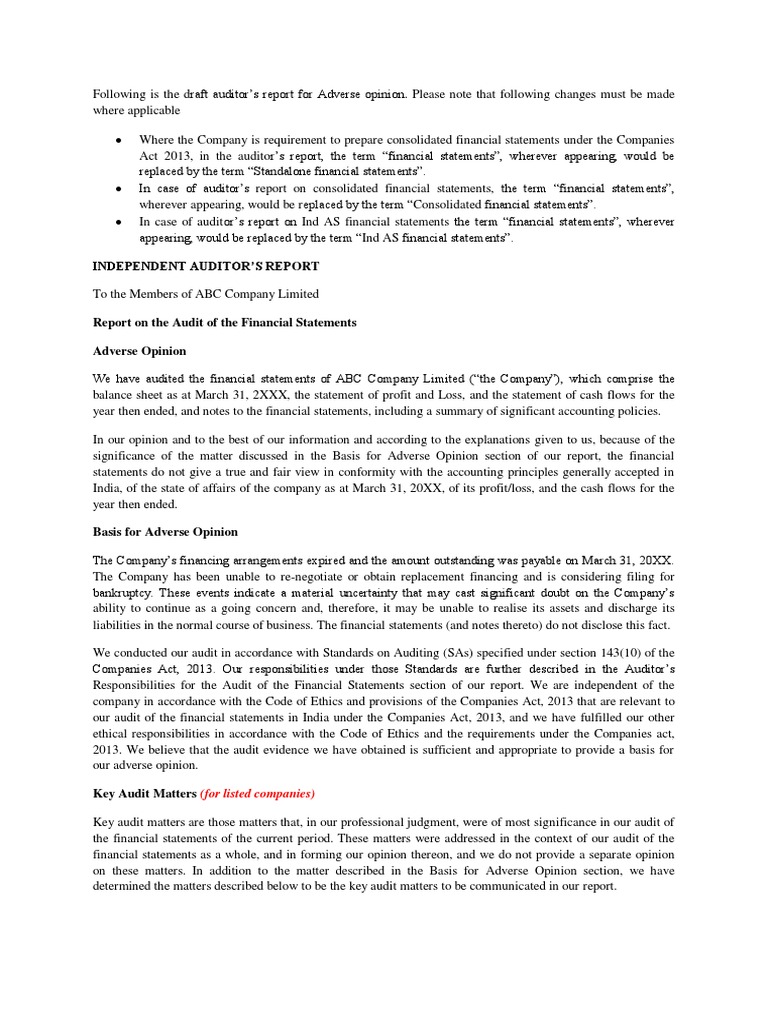Adverse Opinion Audit Report for ABC Company | PDF | Going Concern ...