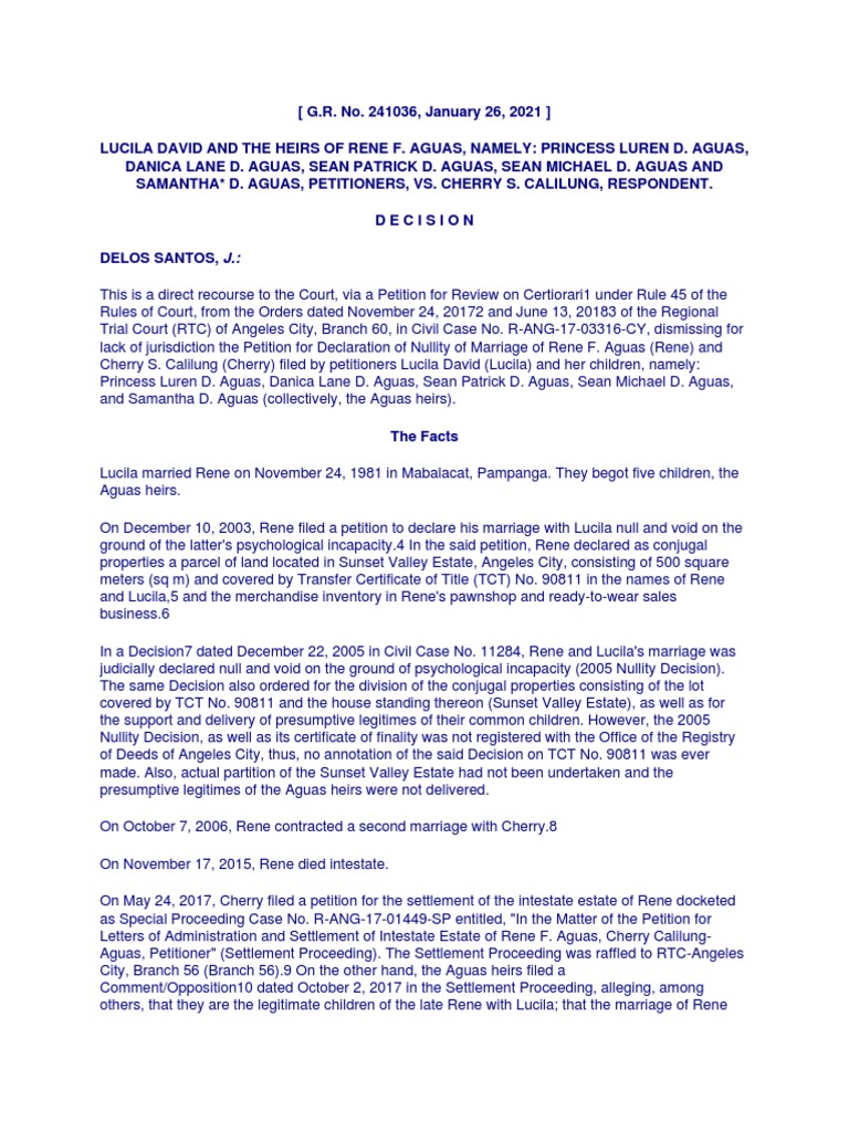 Nullity of Marriage Case Review: Aguas vs. Calilung | PDF | Annulment ...