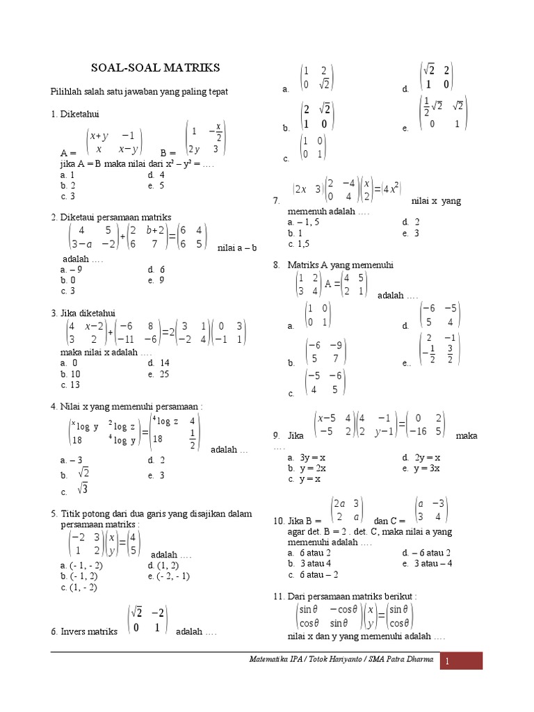 Soal Matriks untuk SMA Patra Dharma | PDF