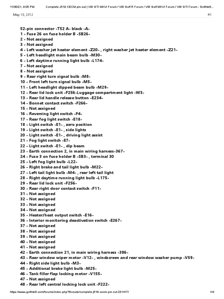 J519 CECM Pinout Guide | PDF | Headlamp | Switch