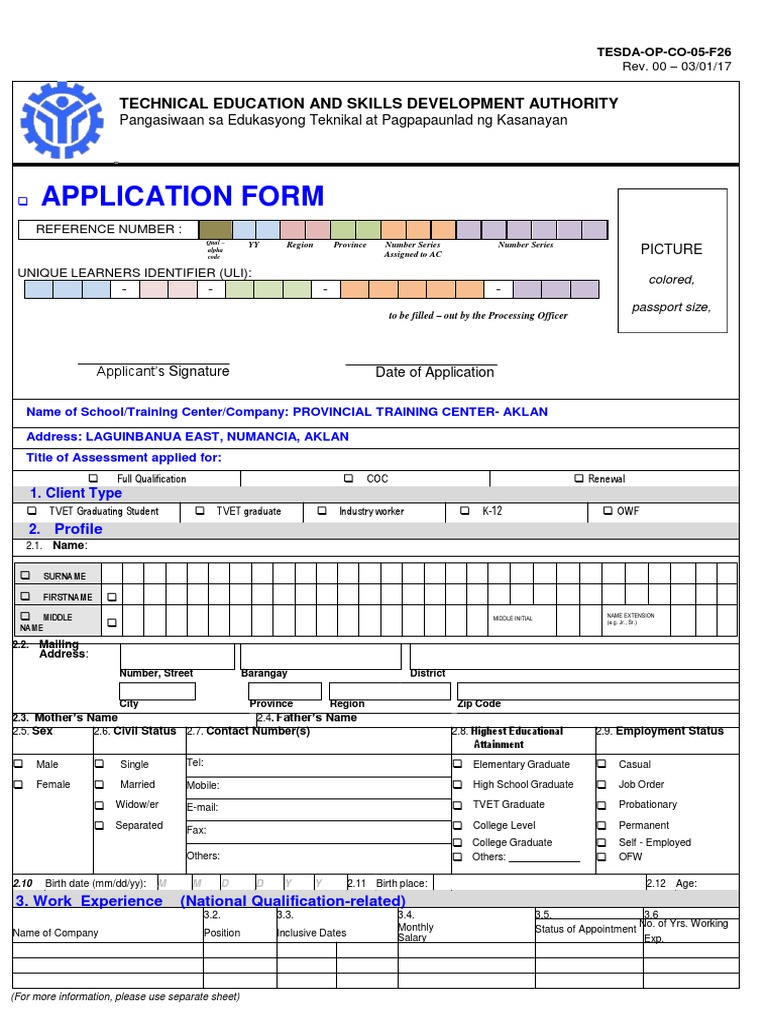 APPLICATION FORM Assessment | PDF