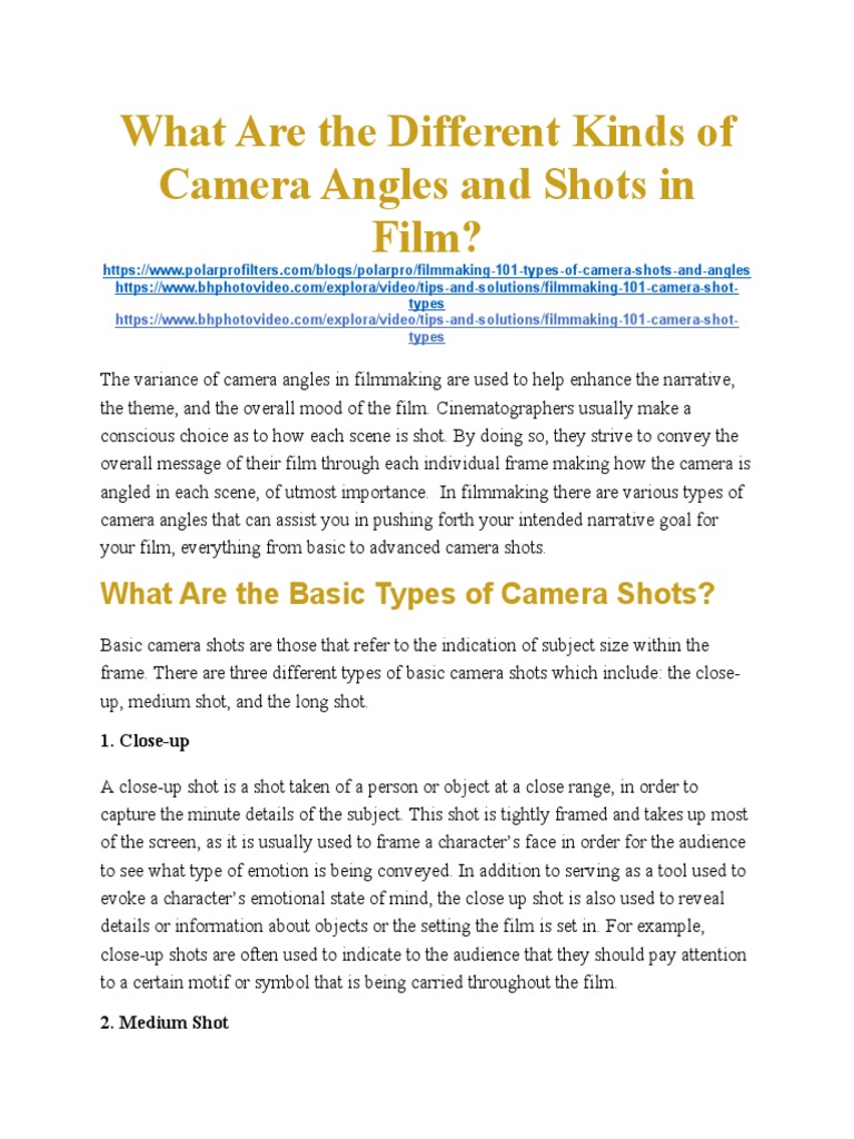 Camera Angles & Shots in Film | PDF | Close Up | Cinematography