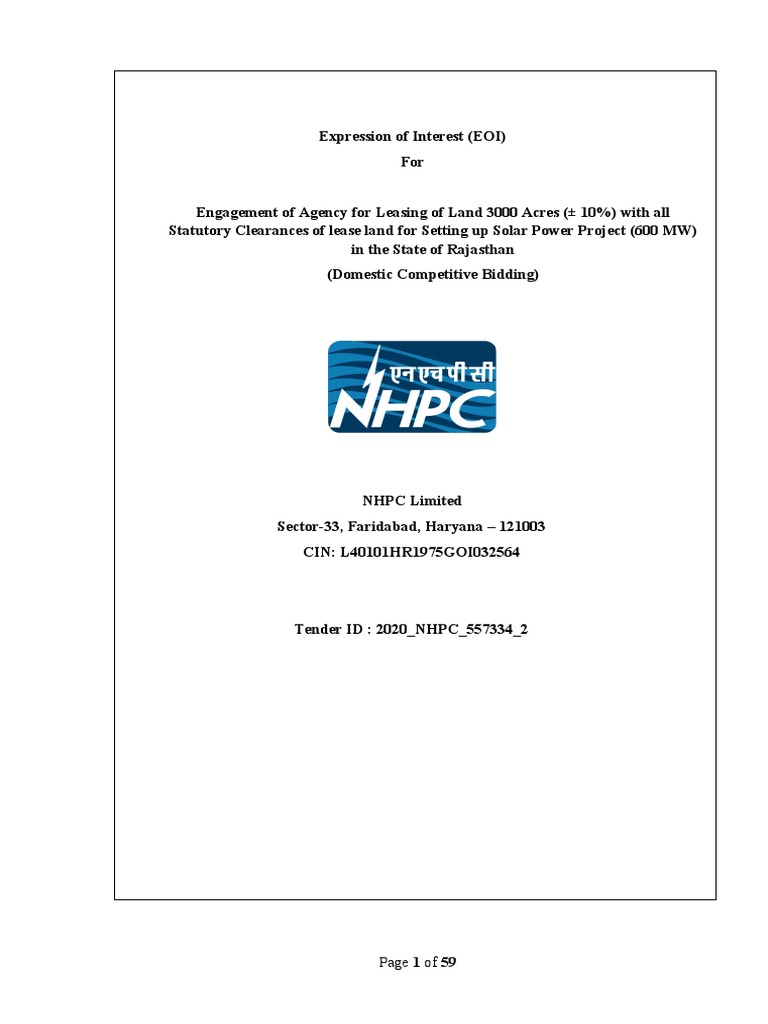 NHPC EOI For Leasing 3000acres Land in Rajasthan | PDF | Limited ...