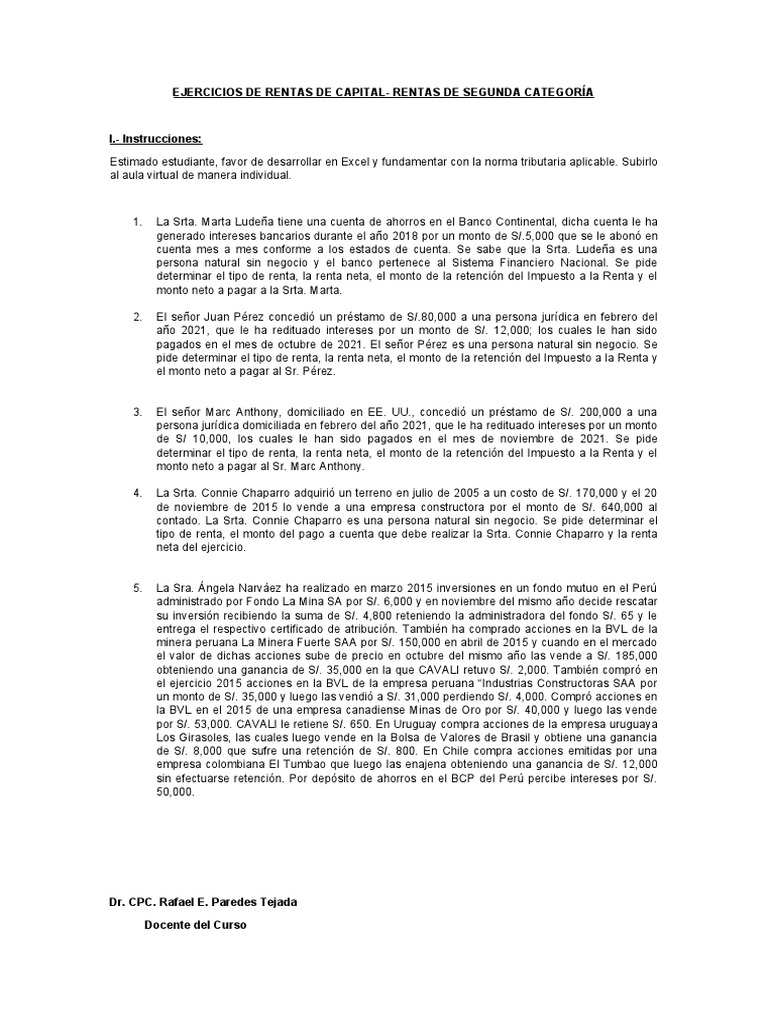 Ejercicios De Rentas De Capital Rentas De Segunda Pdf Compartir