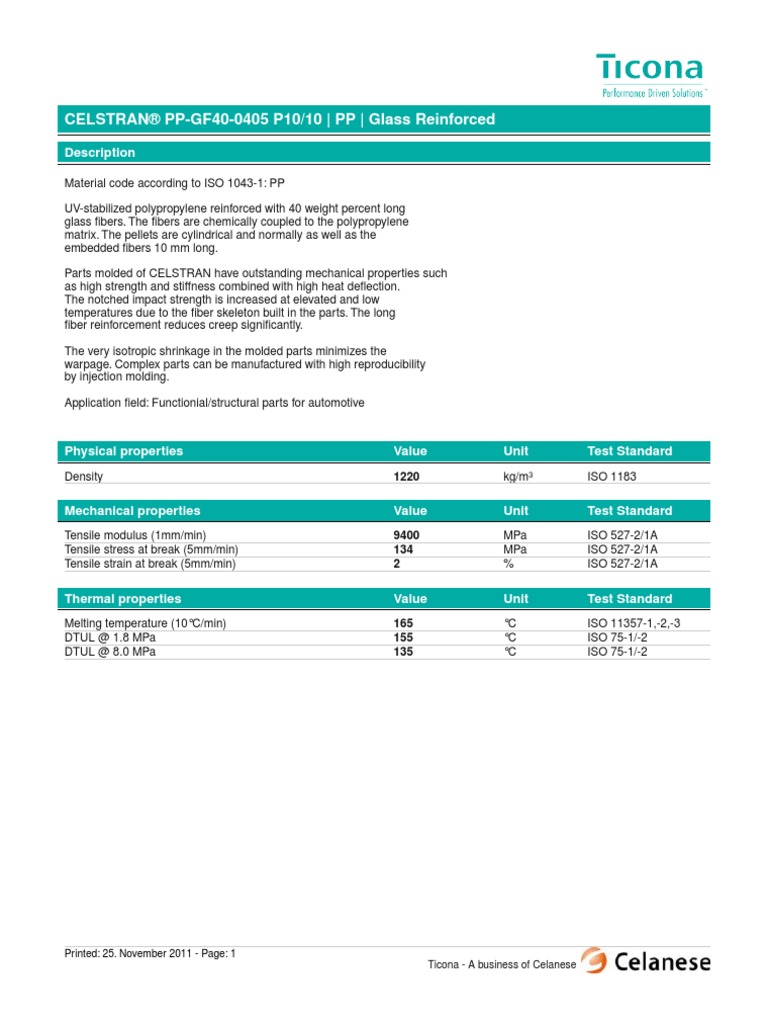 PP GF40 - Celstran Ticona PP-GF40-0405P10-10 | PDF | Fibers | Strength ...
