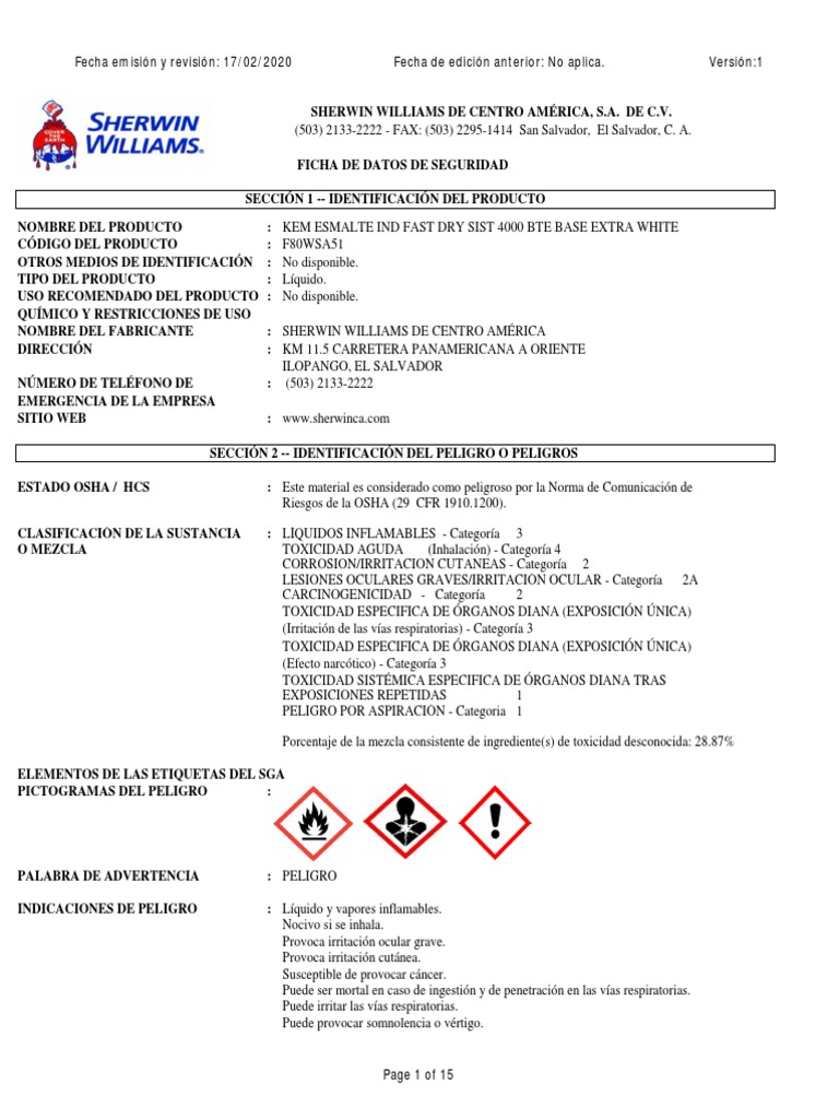 Pintura Kem Industrial Sistema 4000 Msds | PDF | Agua | Química