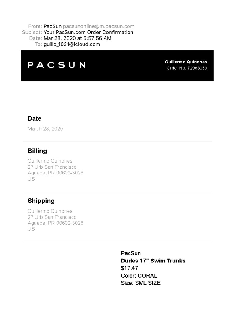 Your PacSun - Com Order Confirmation | PDF