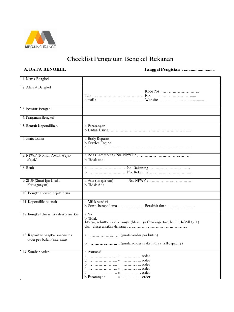 Checklist Pengajuan Bengkel Rekanan | PDF