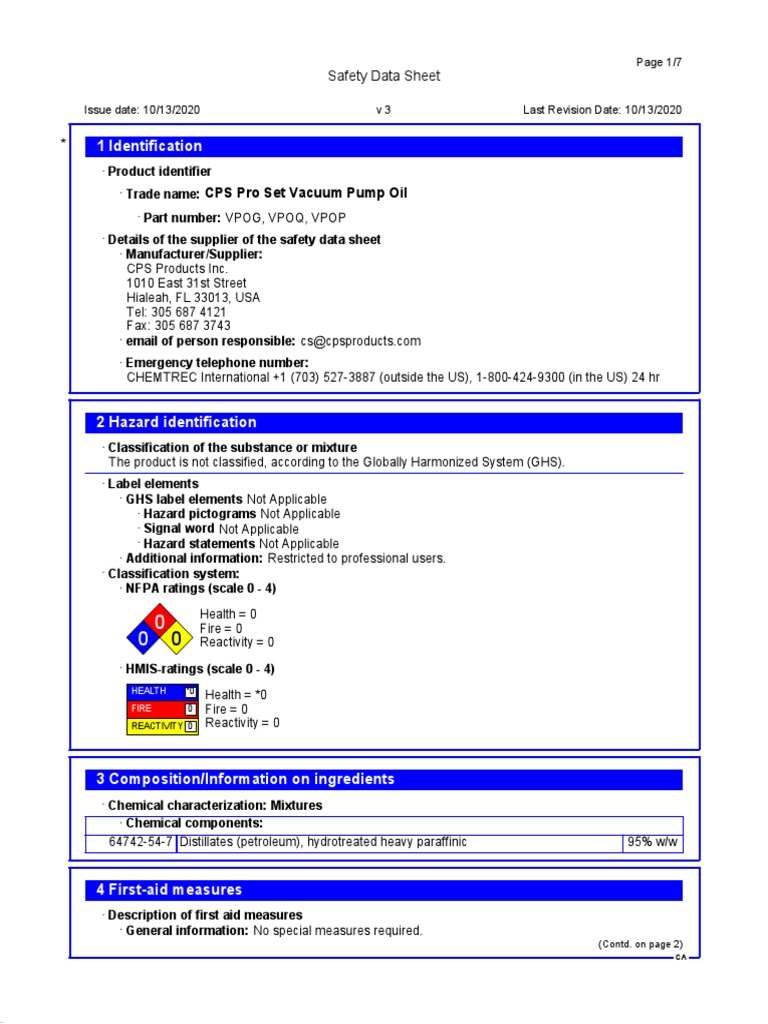07 Vacuum Pump Oil SDS File PDF Chemistry Occupational Safety And Health