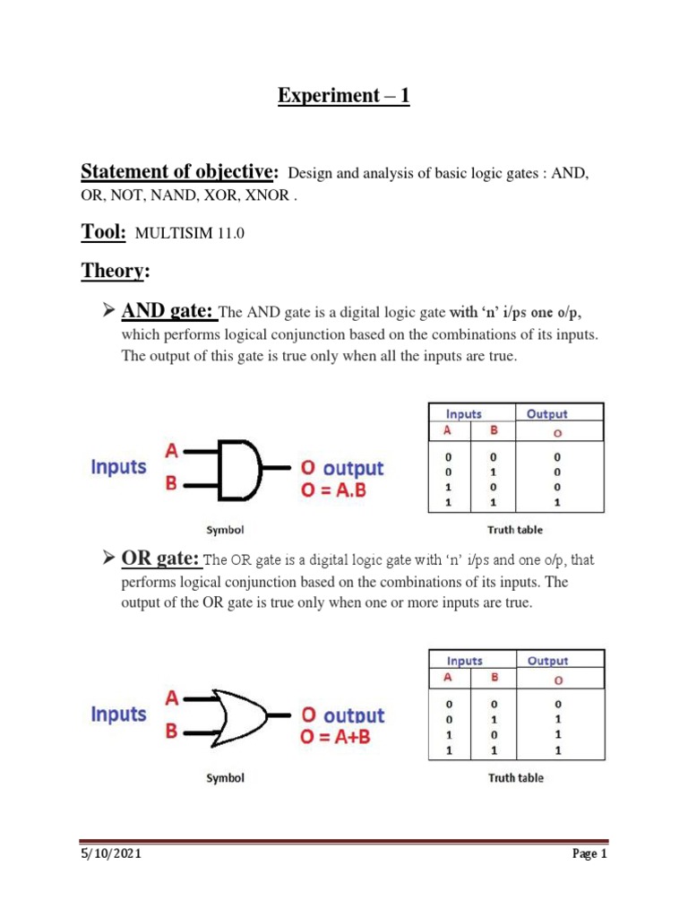 Experiment - 1: Design and Analysis of Basic Logic Gates: AND, Or, Not ...