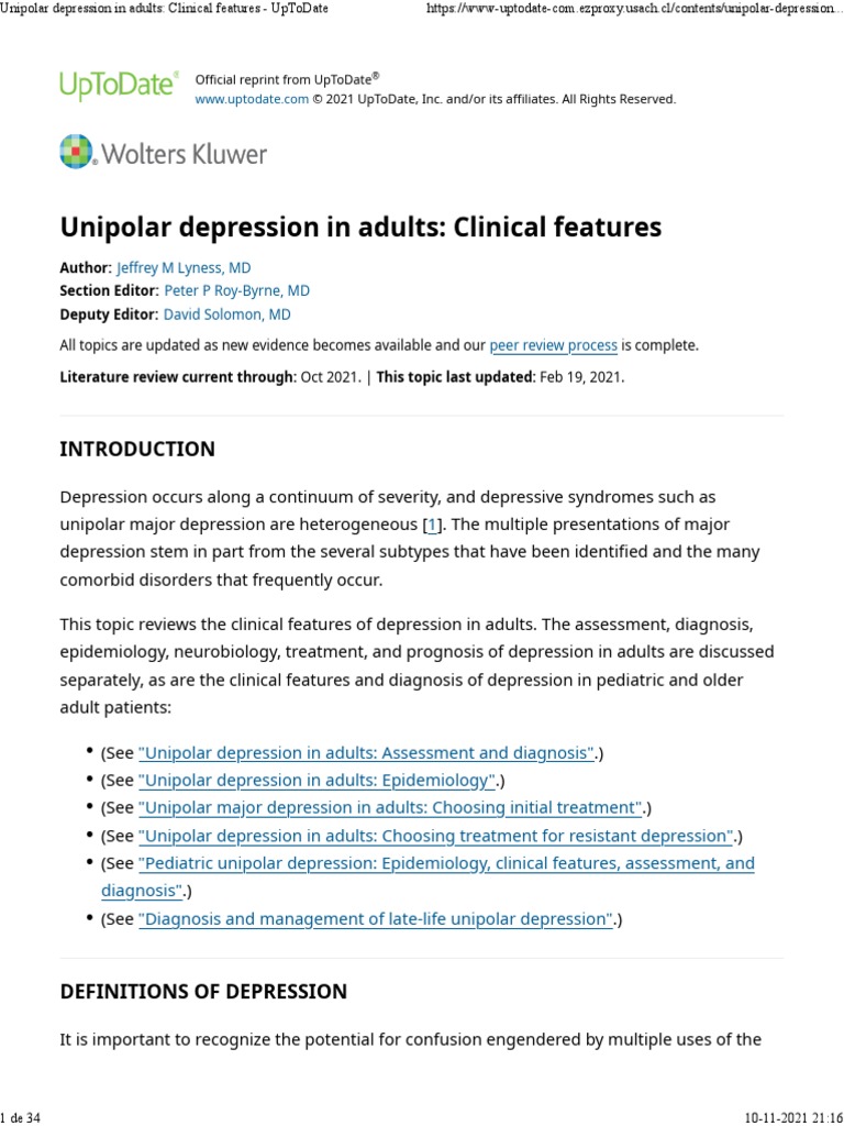 Unipolar Depression in Adults Clinical Features UpToDate PDF