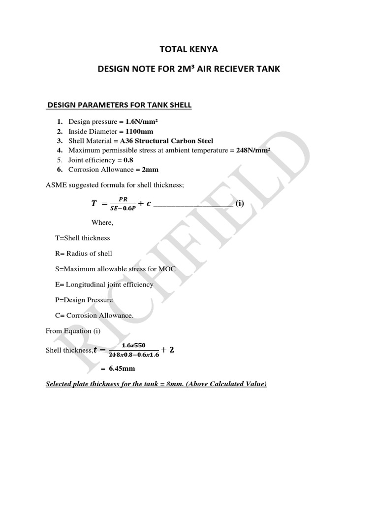 Design Note for 2m³ Air Receiver Tank | PDF | Mechanical Engineering ...