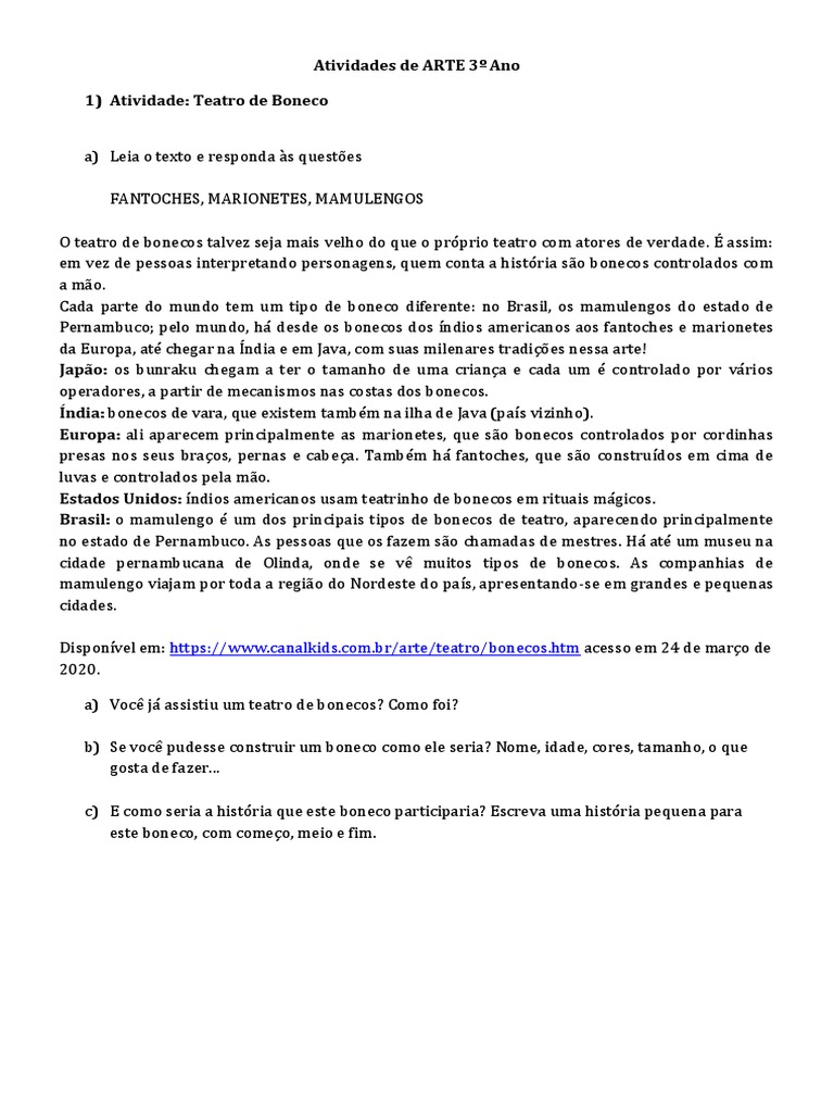 Artes 3º Ano - 2º Banco de Atividades | PDF | Fantoches | Bonecas