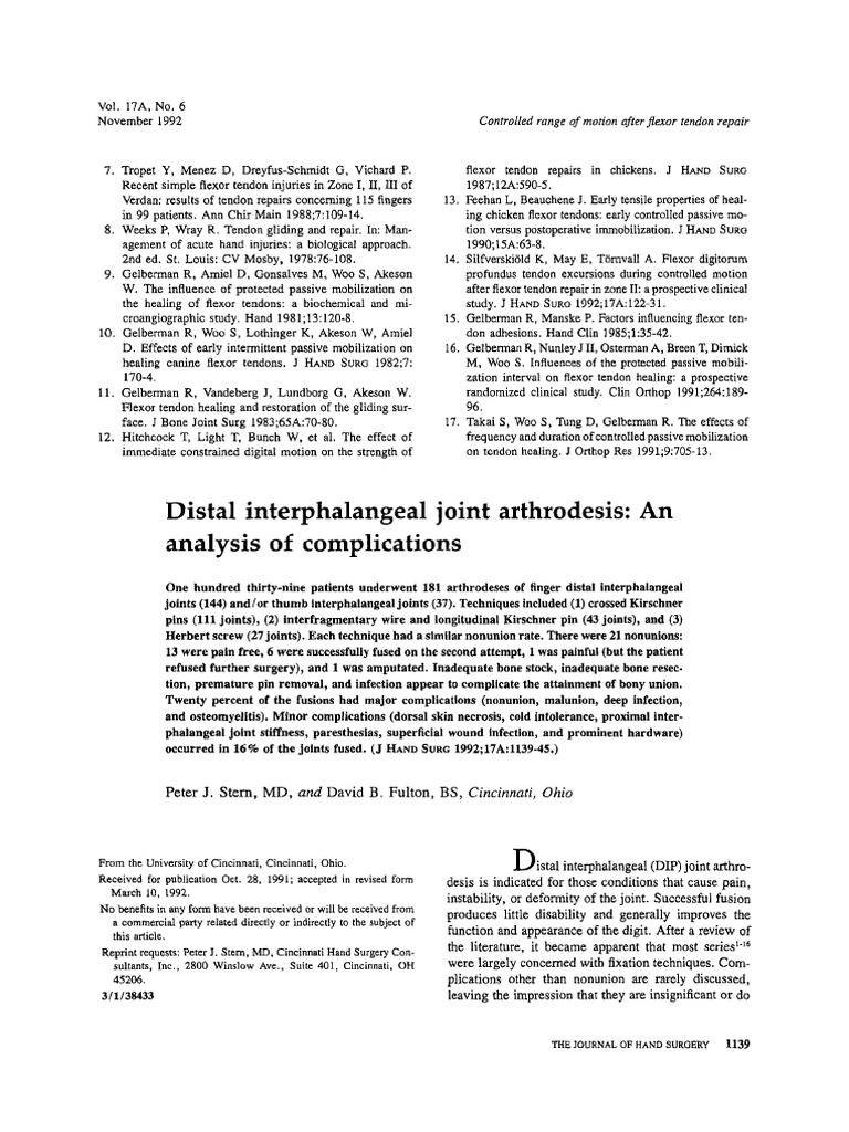 DIP Joint Arthrodesis Complications PDF Joint Hand