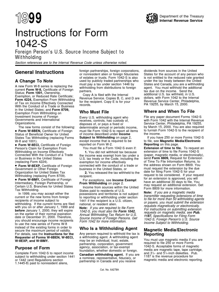 Instructions For Form 1042S Foreign Person's U.S. Source