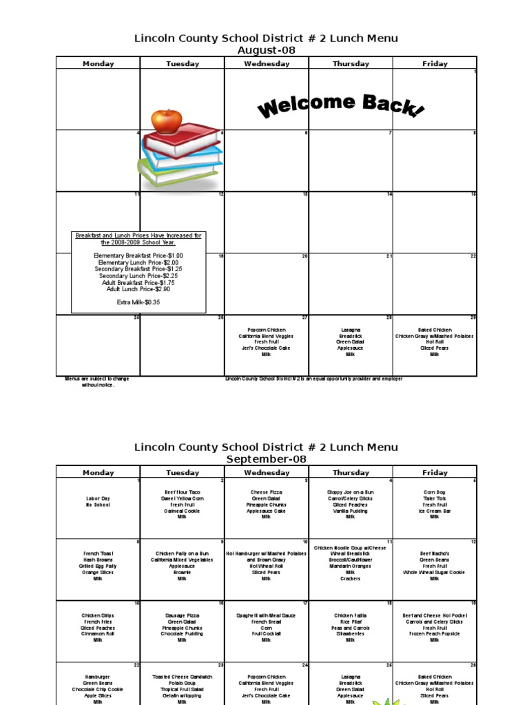 Elementary Lunch Menus Aug Sept 200851 PDF Lunch Hamburgers