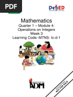 Mathematics: Quarter 1 - Module 4: Operations On Integers Week 3 Learning Code-M7NS - Ic-D-1