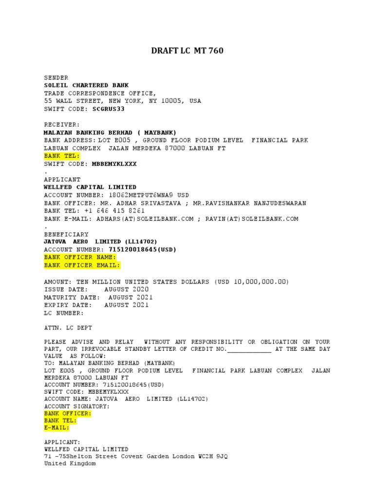 Draft LC MT 760 for $10M Standby Letter of Credit | PDF | Letter Of ...