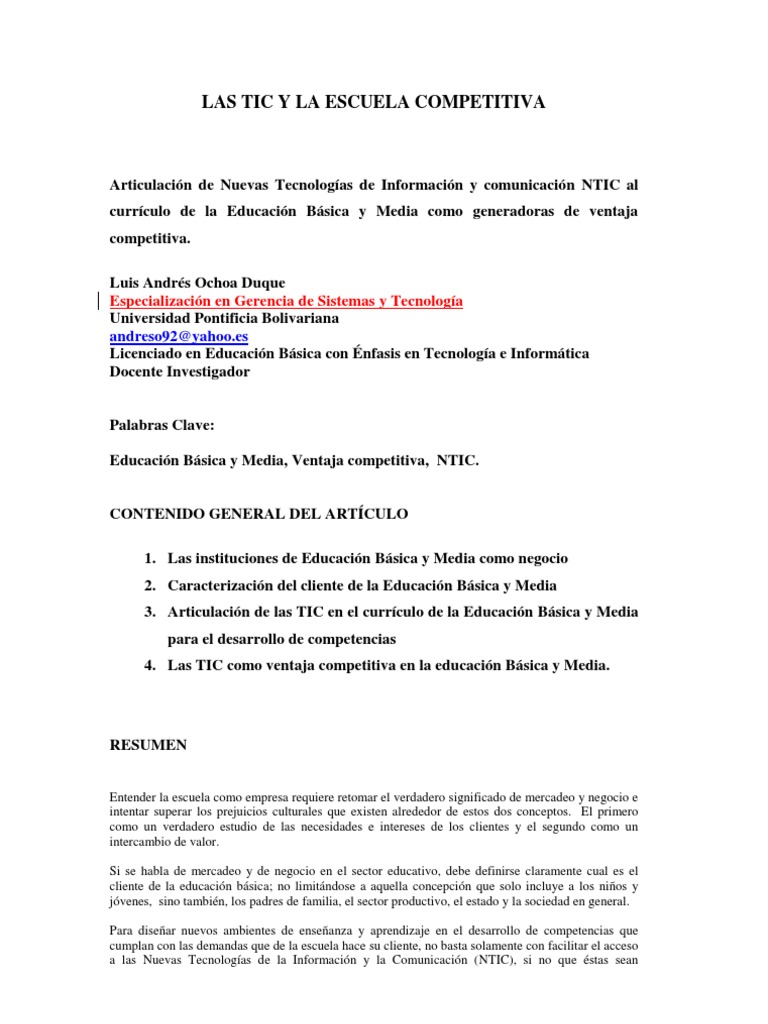 Las TIC y La Escuela Competitiva | PDF | Plan de estudios | Tecnología ...