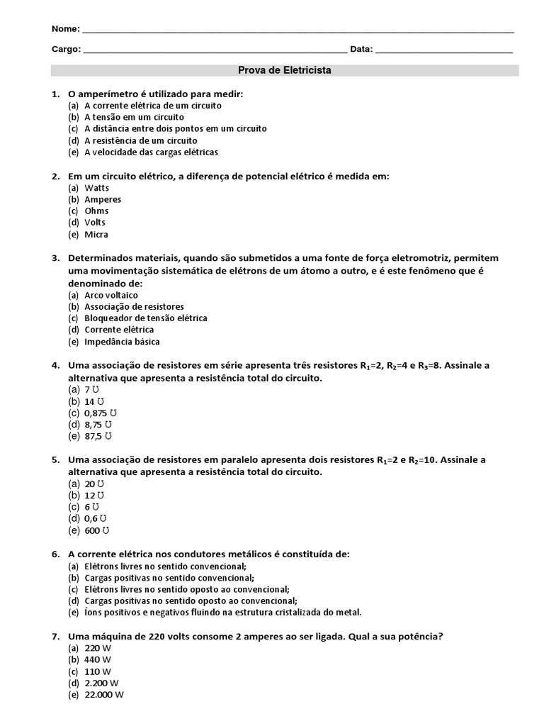 Prova de Eletrica | PDF | Corrente elétrica | Eletricidade