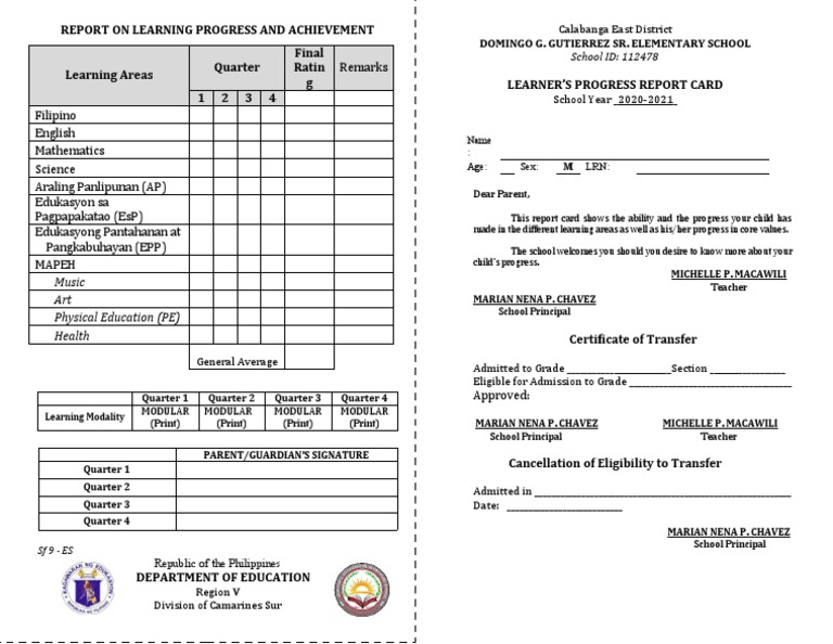 Sf 9 Elementary Learner S Progress Report Card Pdf Learning