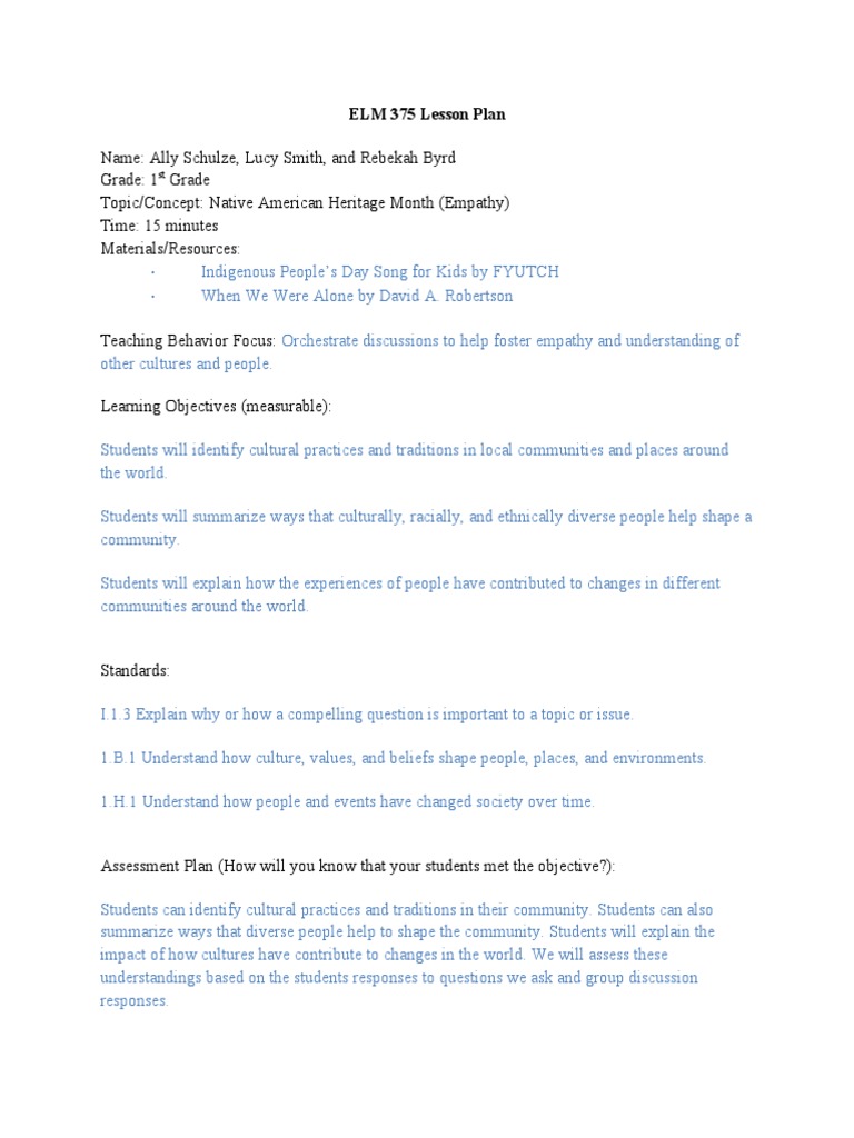 ELM 375 Lesson Plan PDF Lesson Plan Community