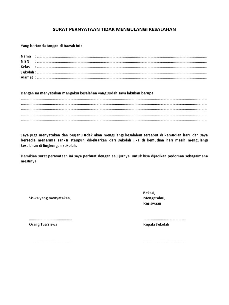 Surat pernyataan tidak mengulangi kesalahan pdf