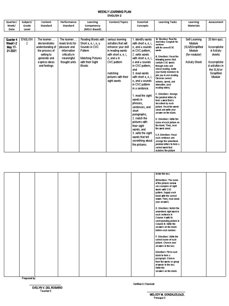 English 2 CVC Pattern Reading Plan | PDF | Learning | Applied Psychology