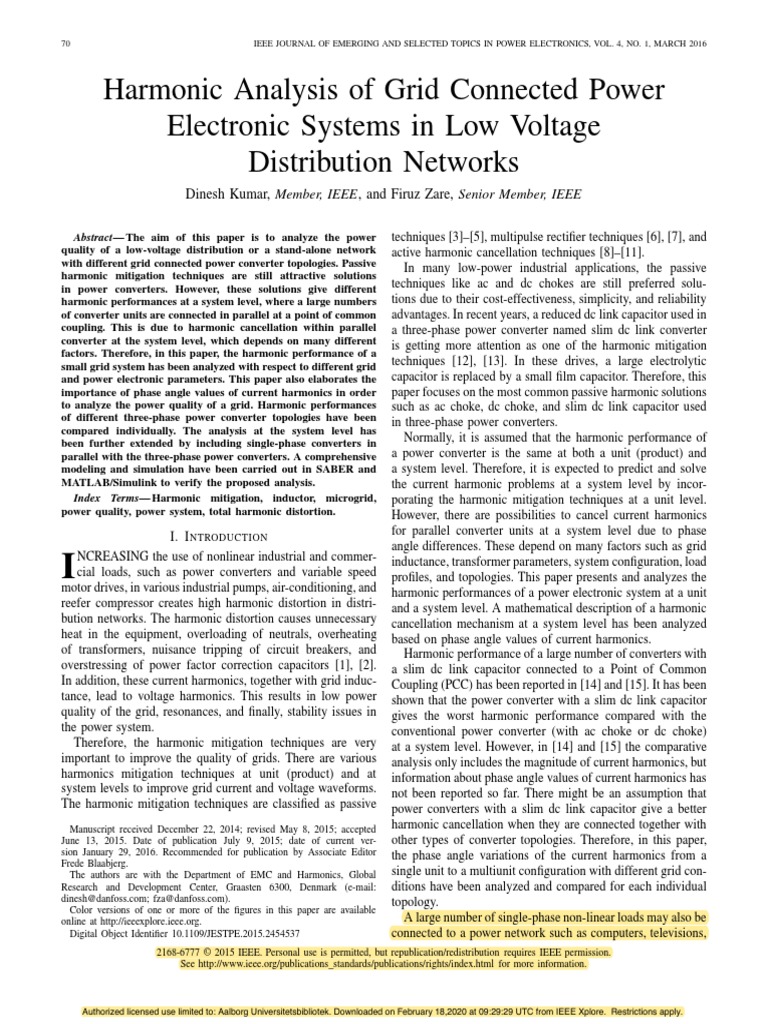 Harmonic Analysis of Grid Connected Power Electronic Systems in Low ...