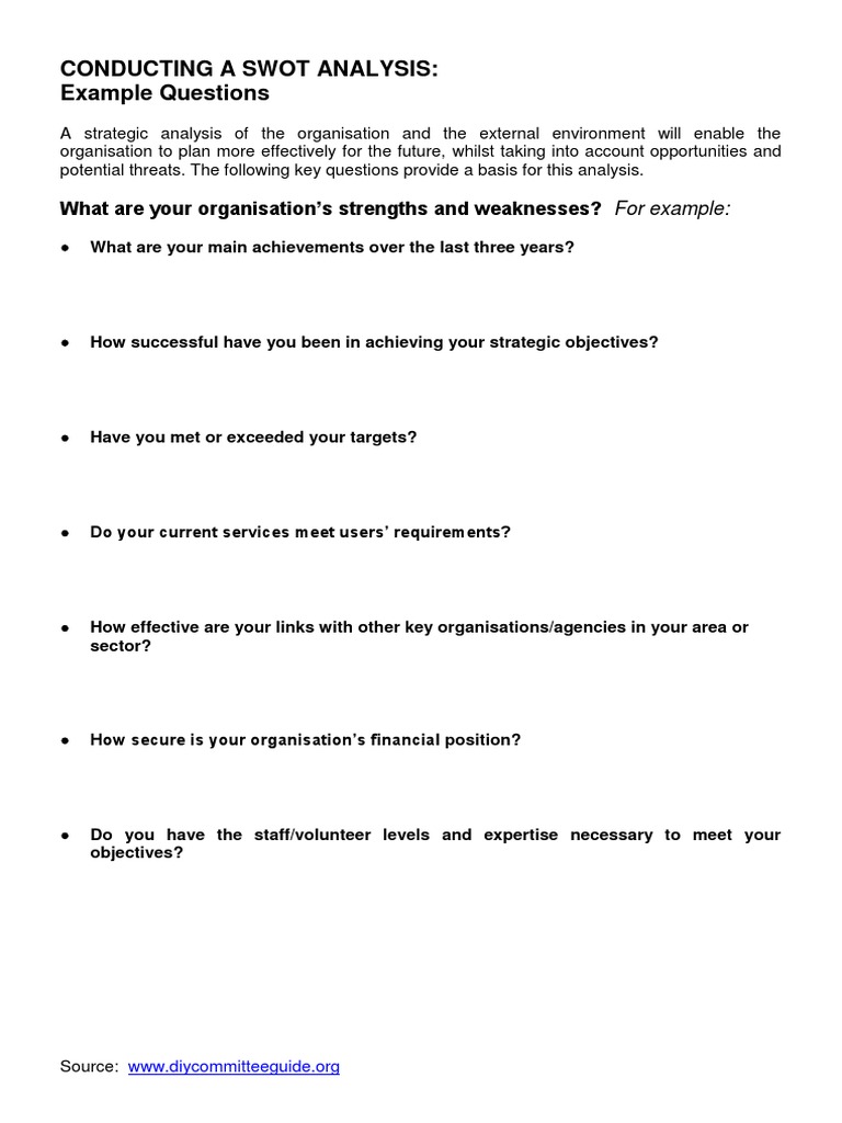 Conducting A Swot Analysis: Example Questions: What Are Your ...