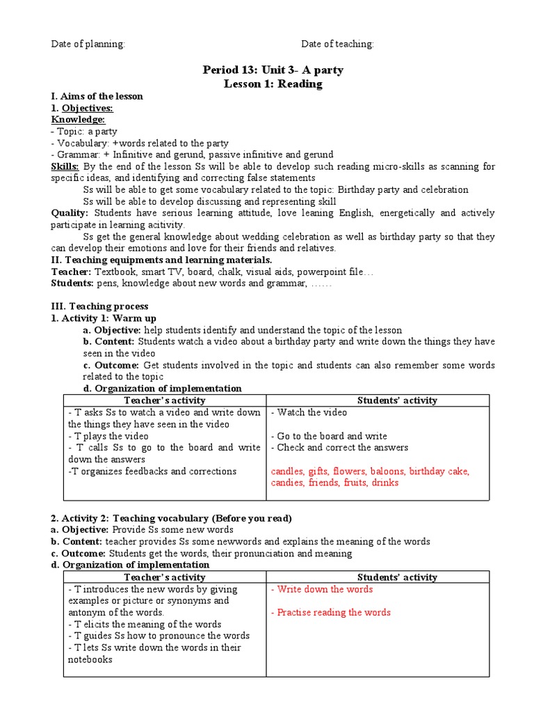 Party Planning Reading Lesson | PDF | Vocabulary | Homework