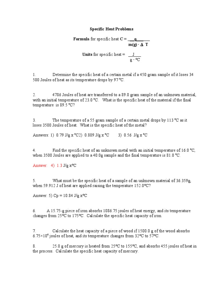 Specific Heat Capacity Practice Problems | PDF