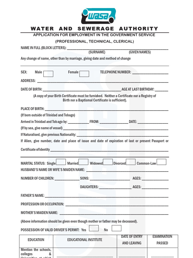 WASA Employment Application Form | PDF | Marriage | Government