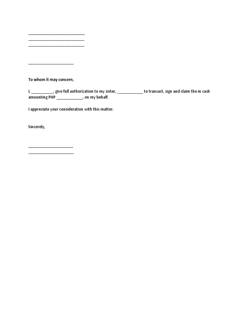 Authorization Letter for Cash Claim | PDF