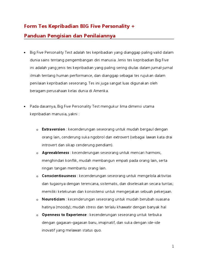 Form Dan Template Big Five Personality Test Pdf