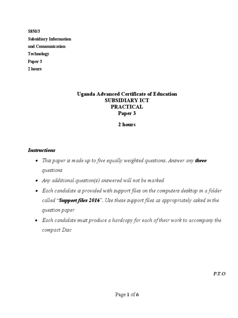 Uganda Advanced Certificate of Education Subsidiary Ict Practical Paper 3 2 Hours PDF