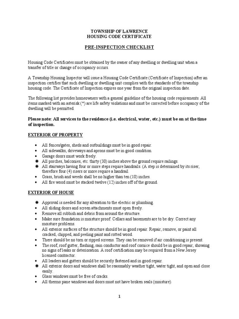 Pre-Inspection Checklist: Township of Lawrence Housing Code Certificate ...