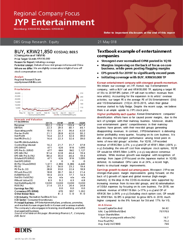 JYP Entertainment - 21-May-2018 - KR - CF | PDF | Stocks | Revenue