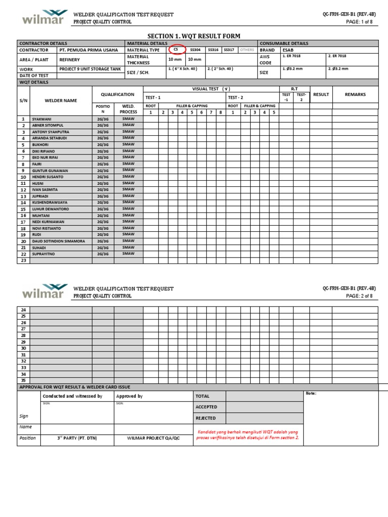 Welder Qualification Test Results | PDF | Construction | Welding