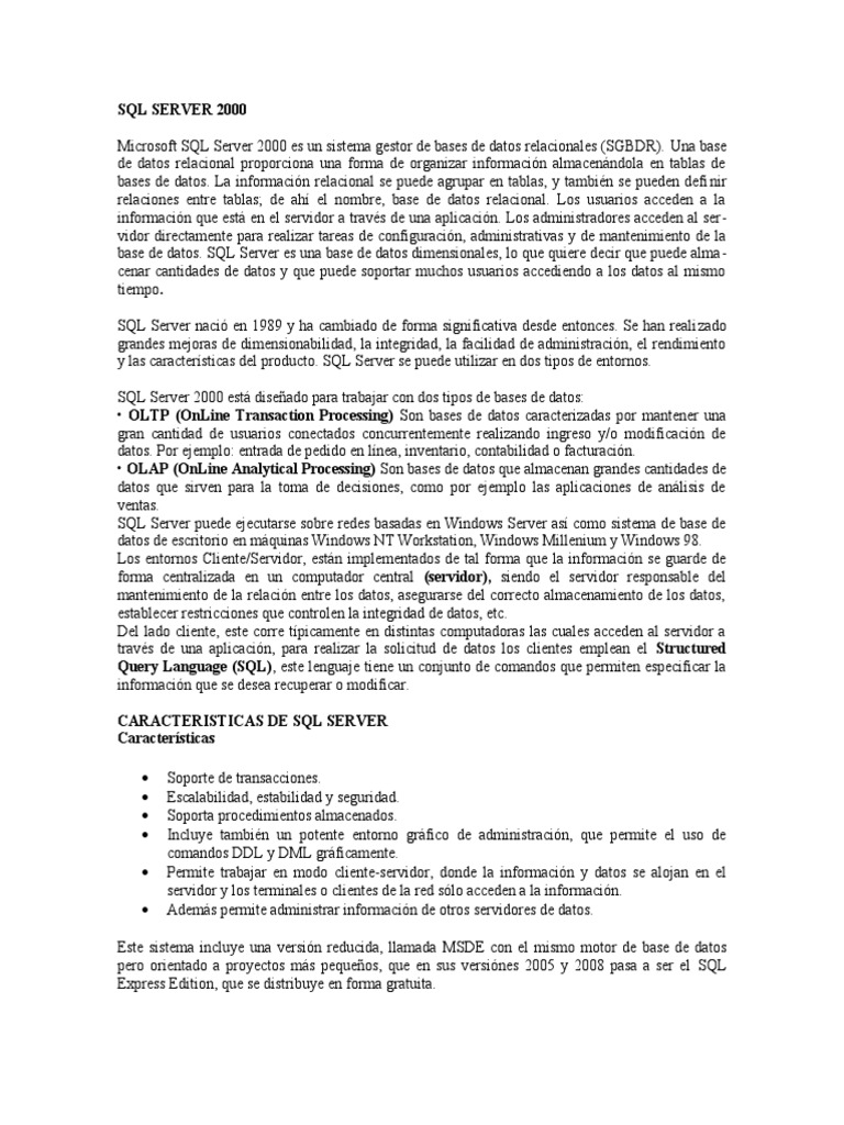 Caracteristicas de SQL Server | PDF | Servidor SQL de Microsoft ...
