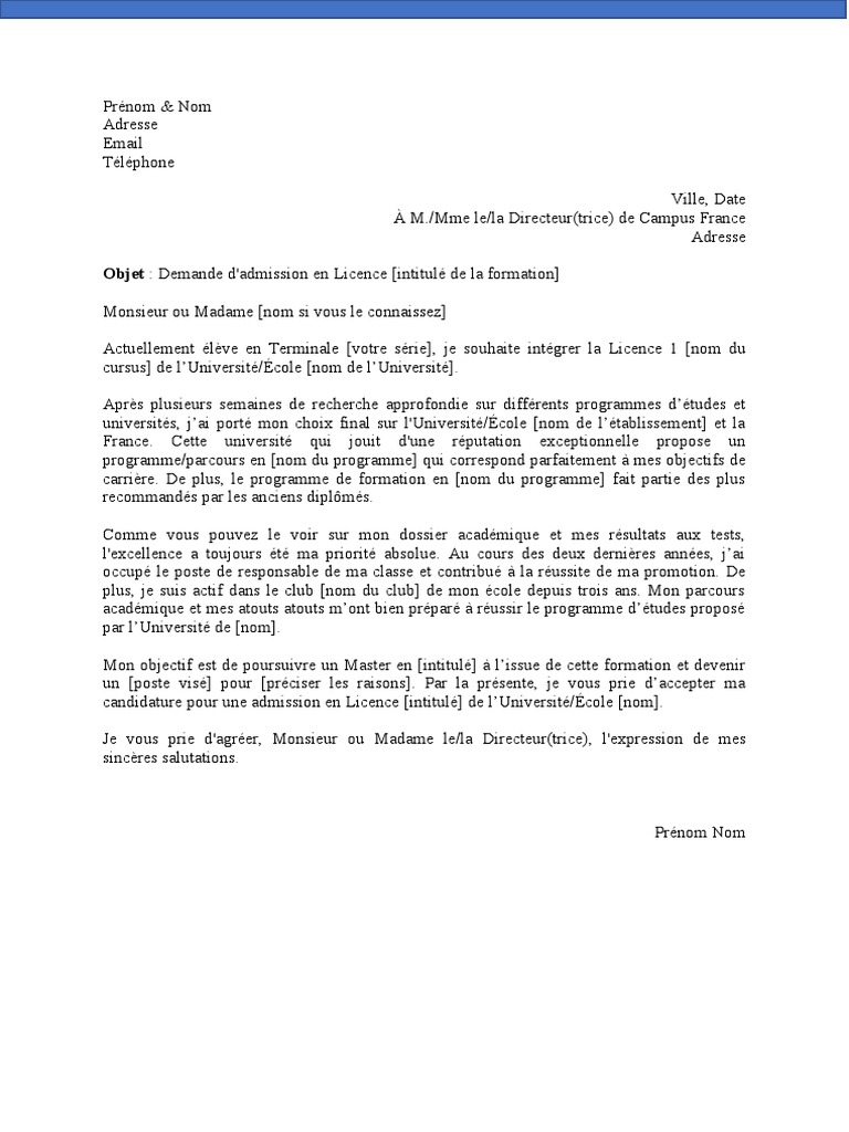 Lettre De Motivation Parcoursup Licence Llcer Lettre de Motivation Campus France Licence | PDF