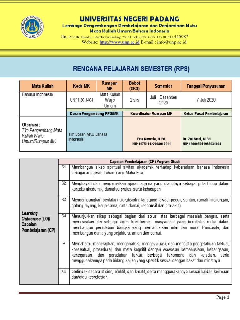 RPS Mata Kuliah Bahasa Indonesia | PDF