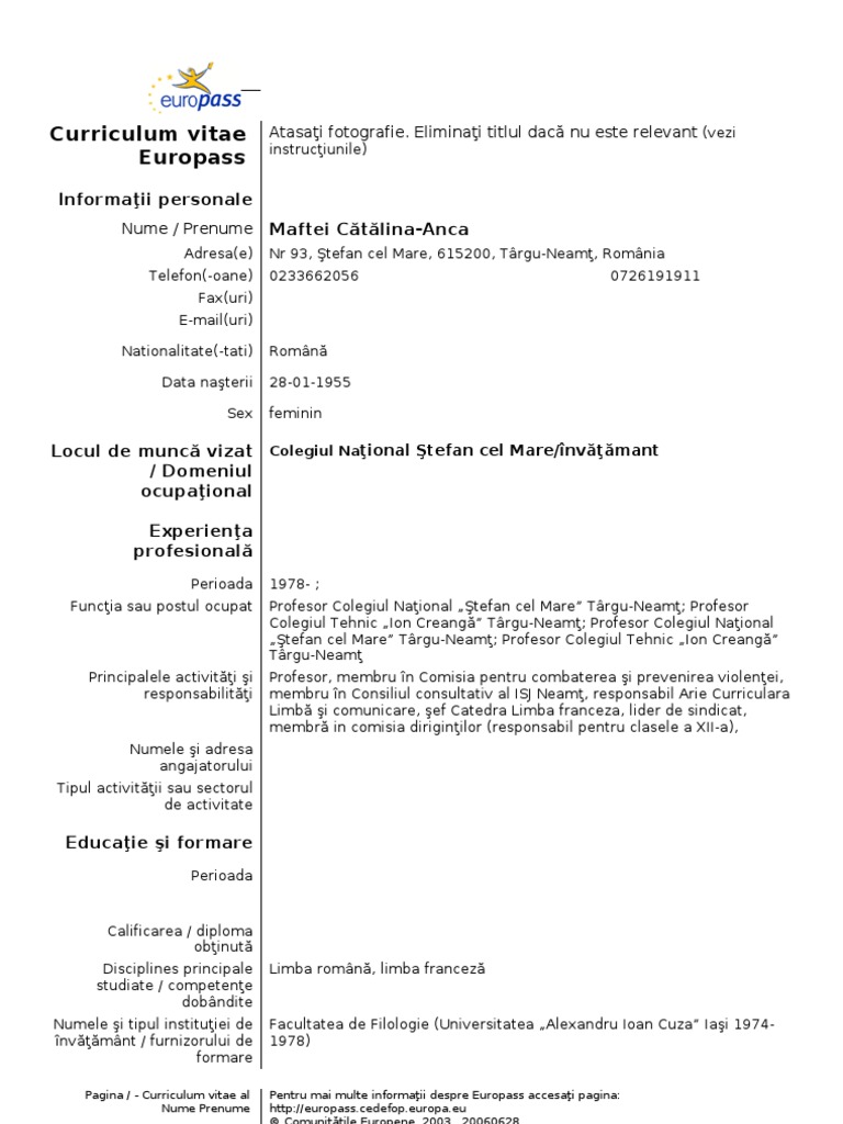 Model CV Curriculum Vitae European Romana