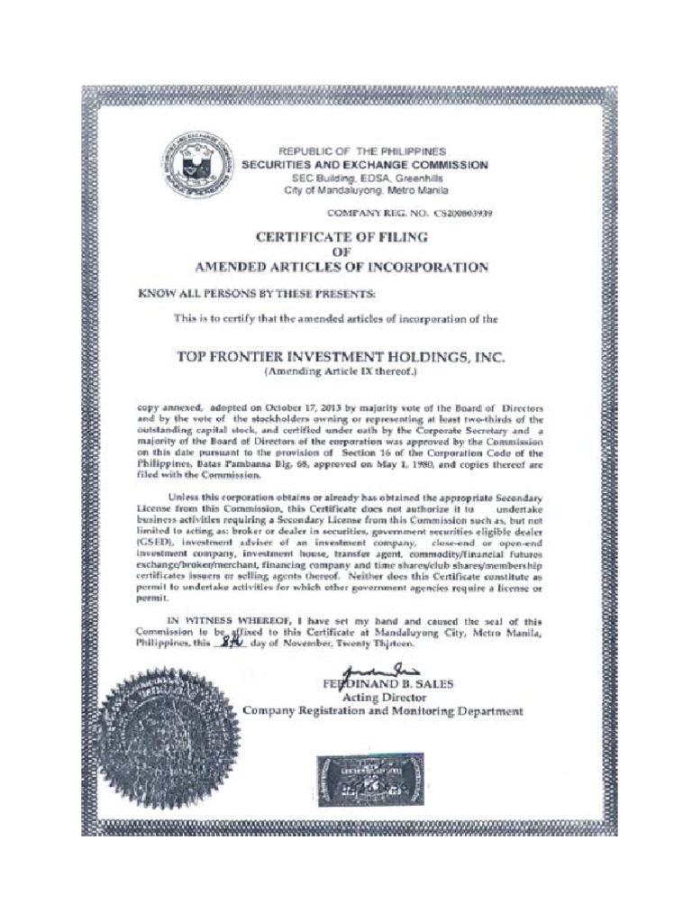 Certificate of Articles of Incoporation Example | PDF