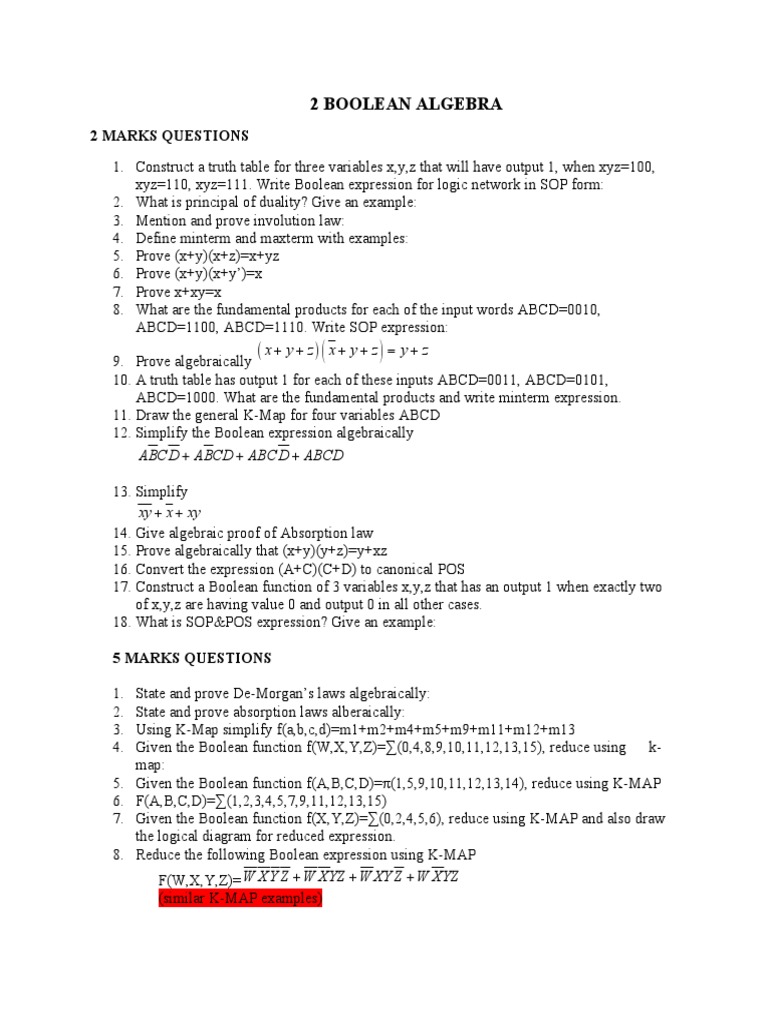 Boolean Algebra Practice Questions | PDF | Teaching Mathematics ...