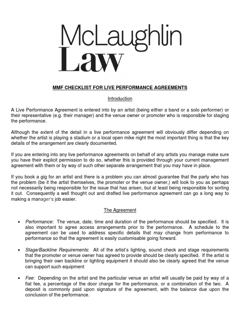Live Performance Agreement Checklist | PDF | Fee | Business Law